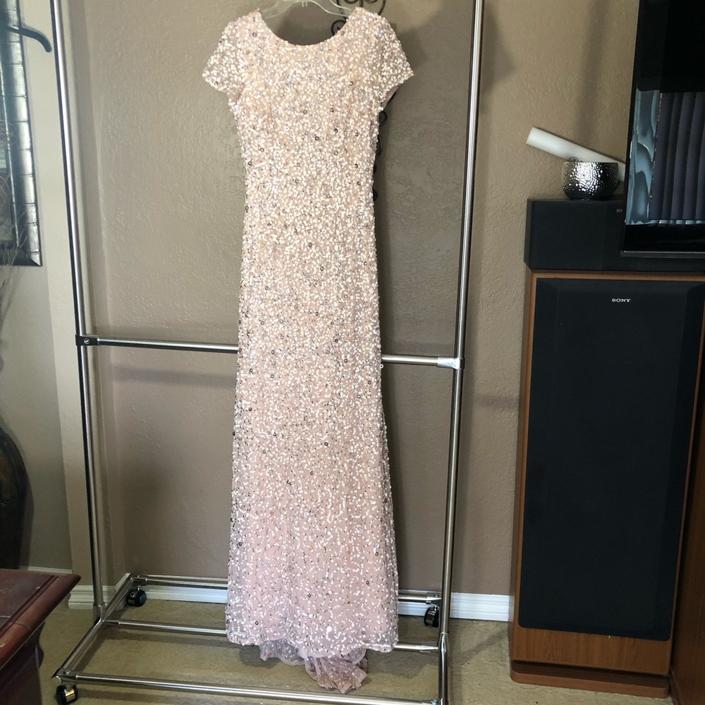 NEW Adrianna Papell Short Sleeve Sequin Mesh Gown - Picture 5 of 7